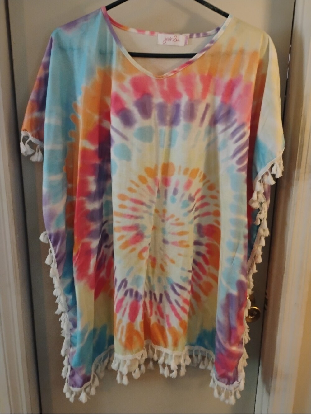 Jess Lea Plus Size Tie Dye Cover Up Kaftan Dress Tassels Beach Pool Boho 1X/2X